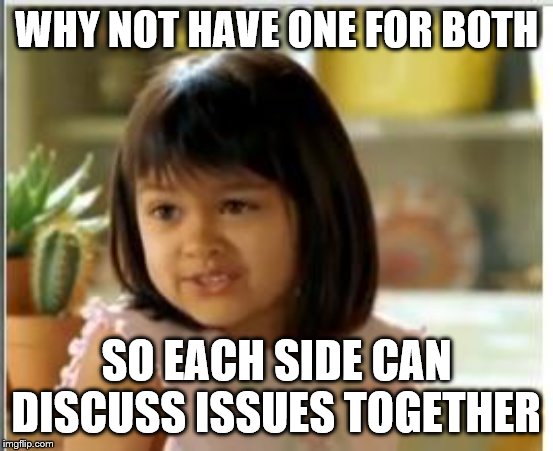 Why not both | WHY NOT HAVE ONE FOR BOTH SO EACH SIDE CAN DISCUSS ISSUES TOGETHER | image tagged in why not both | made w/ Imgflip meme maker