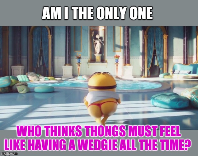 You would never catch me wearing one. | AM I THE ONLY ONE; WHO THINKS THONGS MUST FEEL LIKE HAVING A WEDGIE ALL THE TIME? | image tagged in minion thong,how about no,wedgie | made w/ Imgflip meme maker