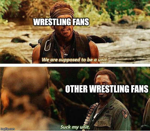 This pro wrestling war has to stop | WRESTLING FANS; OTHER WRESTLING FANS | image tagged in we're supposed to be a unit,wwe,wrestling,pro wrestling | made w/ Imgflip meme maker