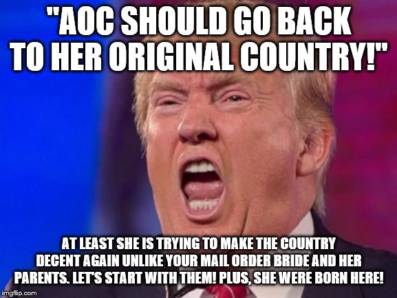 Angry Trump | "AOC SHOULD GO BACK TO HER ORIGINAL COUNTRY!"; AT LEAST SHE IS TRYING TO MAKE THE COUNTRY DECENT AGAIN UNLIKE YOUR MAIL ORDER BRIDE AND HER PARENTS. LET'S START WITH THEM! PLUS, SHE WERE BORN HERE! | image tagged in angry trump | made w/ Imgflip meme maker