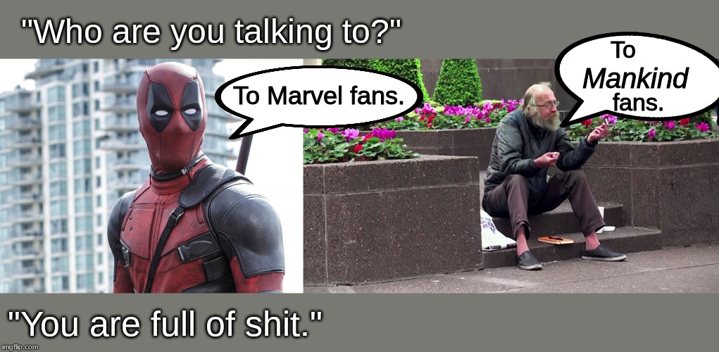 when you break the fourth wall . . . . | "Who are you talking to?"; To; Mankind; To Marvel fans. fans. "You are full of shit." | image tagged in marvel,memes | made w/ Imgflip meme maker