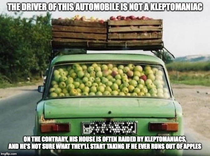 Car Full of Apples | THE DRIVER OF THIS AUTOMOBILE IS NOT A KLEPTOMANIAC; ON THE CONTRARY, HIS HOUSE IS OFTEN RAIDED BY KLEPTOMANIACS, AND HE'S NOT SURE WHAT THEY'LL START TAKING IF HE EVER RUNS OUT OF APPLES | image tagged in apples,cars,memes,kleptomaniac | made w/ Imgflip meme maker