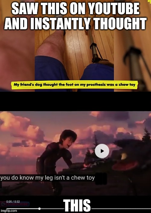 SAW THIS ON YOUTUBE AND INSTANTLY THOUGHT; THIS; HI | image tagged in httyd,legs,chewing | made w/ Imgflip meme maker