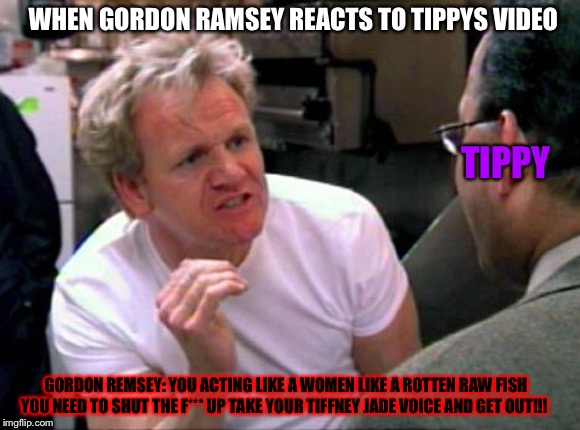 When Gordon has Enough the voice troll tippy | WHEN GORDON RAMSEY REACTS TO TIPPYS VIDEO; TIPPY; GORDON REMSEY: YOU ACTING LIKE A WOMEN LIKE A ROTTEN RAW FISH YOU NEED TO SHUT THE F*** UP TAKE YOUR TIFFNEY JADE VOICE AND GET OUT!!! | image tagged in gordon ramsay,funny memes | made w/ Imgflip meme maker