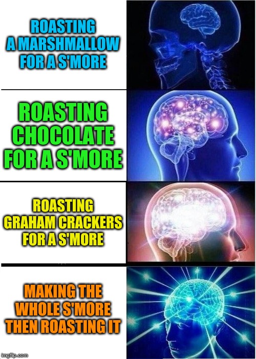 Cool Ways to Make a S'more | ROASTING A MARSHMALLOW FOR A S'MORE; ROASTING CHOCOLATE FOR A S'MORE; ROASTING GRAHAM CRACKERS FOR A S'MORE; MAKING THE WHOLE S'MORE THEN ROASTING IT | image tagged in memes,expanding brain | made w/ Imgflip meme maker