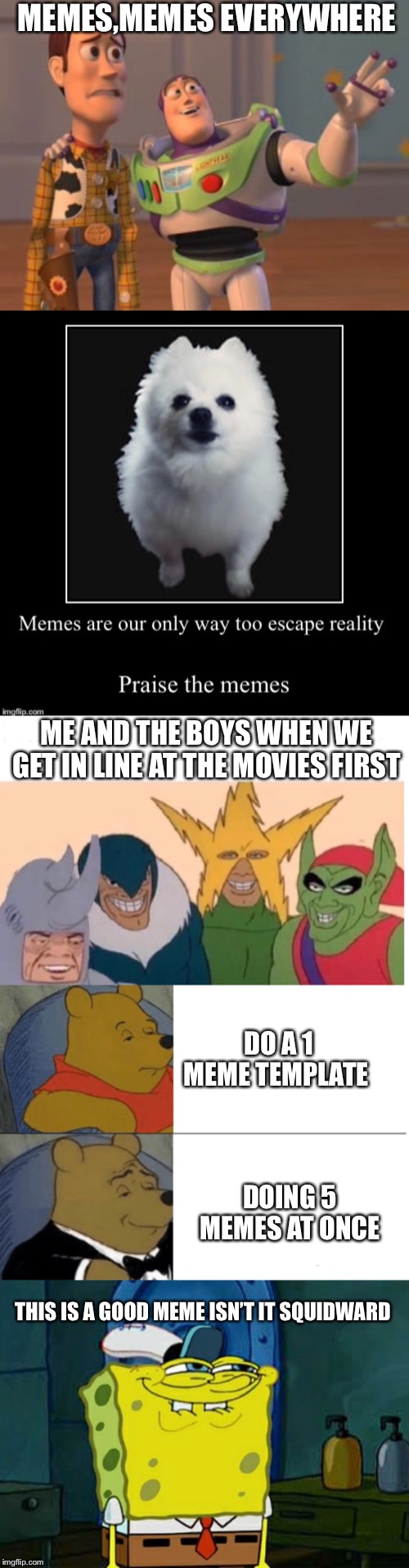 5 memes at once | MEMES,MEMES EVERYWHERE; ME AND THE BOYS WHEN WE GET IN LINE AT THE MOVIES FIRST; DO A 1 MEME TEMPLATE; DOING 5 MEMES AT ONCE; THIS IS A GOOD MEME ISN’T IT SQUIDWARD | image tagged in x x everywhere,gabe the dog,me and the boys,tuxedo winnie the pooh,dont you squidward,memes | made w/ Imgflip meme maker
