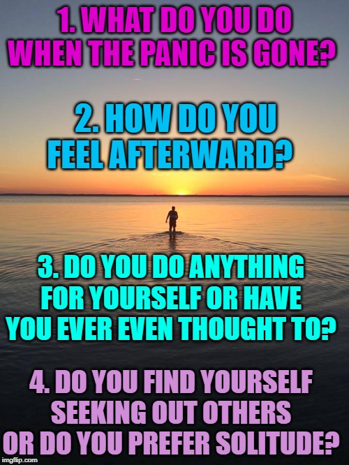 As it relates to panic attacks. Just wondering about others compared to myself here. | 1. WHAT DO YOU DO WHEN THE PANIC IS GONE? 2. HOW DO YOU FEEL AFTERWARD? 3. DO YOU DO ANYTHING FOR YOURSELF OR HAVE YOU EVER EVEN THOUGHT TO? 4. DO YOU FIND YOURSELF SEEKING OUT OTHERS OR DO YOU PREFER SOLITUDE? | image tagged in nixieknox,memes,panic,peace,the aftermath | made w/ Imgflip meme maker