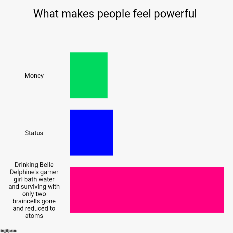 What makes people feel powerful | Money, Status, Drinking Belle Delphine's gamer girl bath water and surviving with only two braincells gone | image tagged in charts,bar charts | made w/ Imgflip chart maker