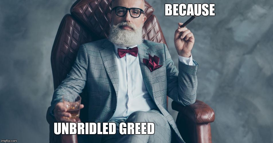 billionaire | BECAUSE UNBRIDLED GREED | image tagged in billionaire | made w/ Imgflip meme maker