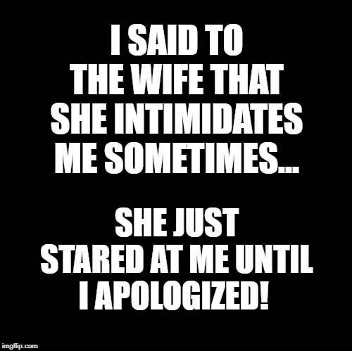 Wife intimidation |  I SAID TO THE WIFE THAT SHE INTIMIDATES ME SOMETIMES... SHE JUST STARED AT ME UNTIL I APOLOGIZED! | image tagged in wife,domination,sexist | made w/ Imgflip meme maker