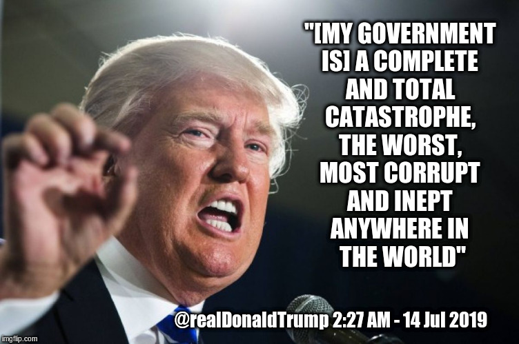 donald trump | "[MY GOVERNMENT 
IS] A COMPLETE 
AND TOTAL 
CATASTROPHE, 
THE WORST, 
MOST CORRUPT 
AND INEPT 
ANYWHERE IN 
THE WORLD"; @realDonaldTrump 2:27 AM - 14 Jul 2019 | image tagged in donald trump | made w/ Imgflip meme maker