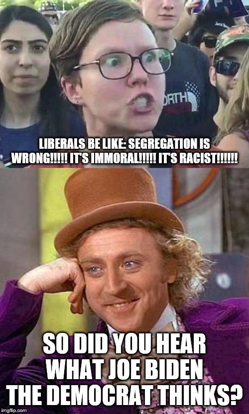 Funny how they basically ignore something when a Democrat does or says it | LIBERALS BE LIKE: SEGREGATION IS WRONG!!!!! IT'S IMMORAL!!!!! IT'S RACIST!!!!!! SO DID YOU HEAR WHAT JOE BIDEN THE DEMOCRAT THINKS? | image tagged in memes,creepy condescending wonka,triggered liberal,liberal hypocrisy,stupid liberals | made w/ Imgflip meme maker