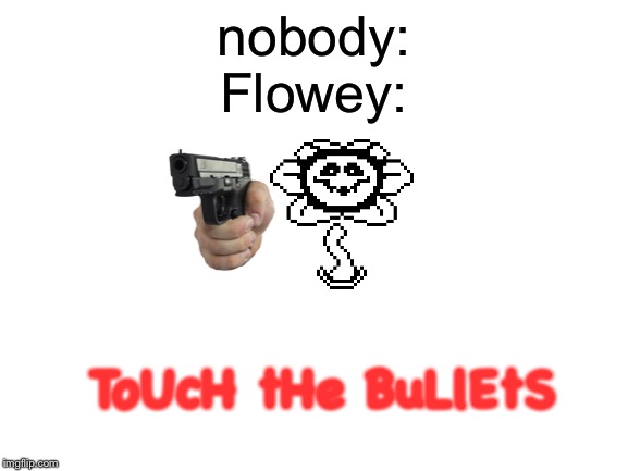Blank White Template | nobody:
Flowey:; ToUcH tHe BuLlEtS | image tagged in blank white template | made w/ Imgflip meme maker