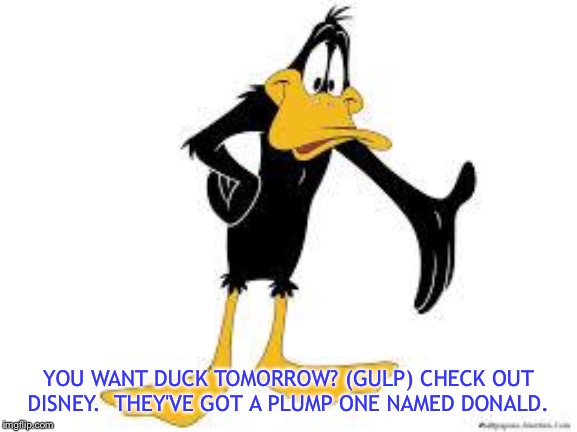 Daffy Duck Welcome | YOU WANT DUCK TOMORROW? (GULP) CHECK OUT DISNEY.  THEY'VE GOT A PLUMP ONE NAMED DONALD. | image tagged in daffy duck welcome | made w/ Imgflip meme maker
