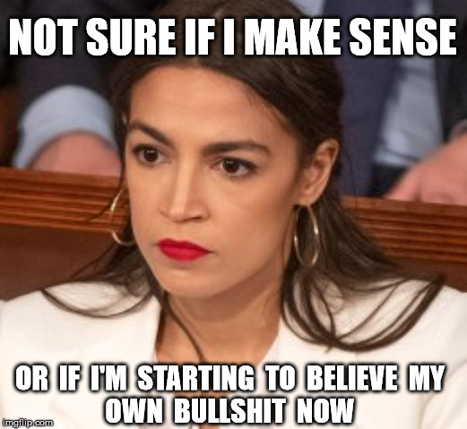 Oblivious Alexandria Ocasio-Cortez | NOT SURE IF I MAKE SENSE; OR  IF  I'M  STARTING  TO  BELIEVE  MY
OWN  BULLSHIT  NOW | image tagged in oblivious alexandria ocasio-cortez | made w/ Imgflip meme maker