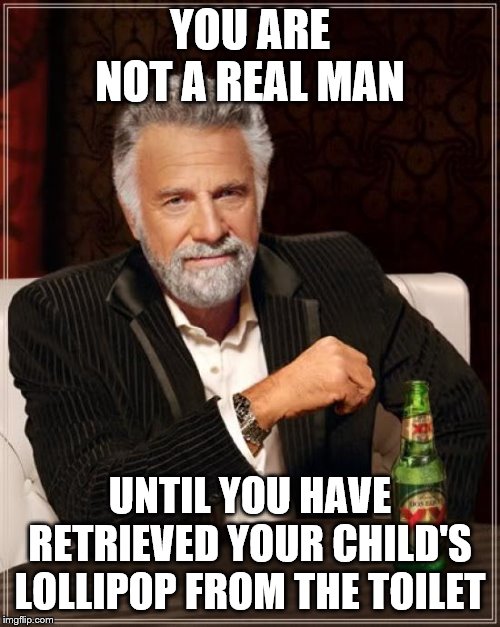 Lollipop in the toilet |  YOU ARE NOT A REAL MAN; UNTIL YOU HAVE RETRIEVED YOUR CHILD'S LOLLIPOP FROM THE TOILET | image tagged in memes,the most interesting man in the world,fatherhood | made w/ Imgflip meme maker