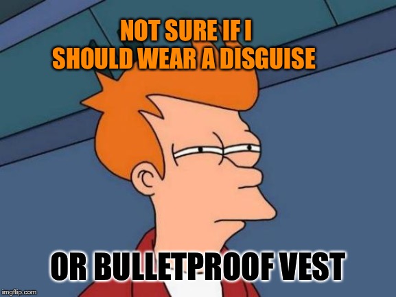 Futurama Fry Meme | NOT SURE IF I SHOULD WEAR A DISGUISE OR BULLETPROOF VEST | image tagged in memes,futurama fry | made w/ Imgflip meme maker