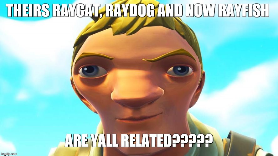 autistic default skin | THEIRS RAYCAT, RAYDOG AND NOW RAYFISH ARE YALL RELATED????? | image tagged in autistic default skin | made w/ Imgflip meme maker
