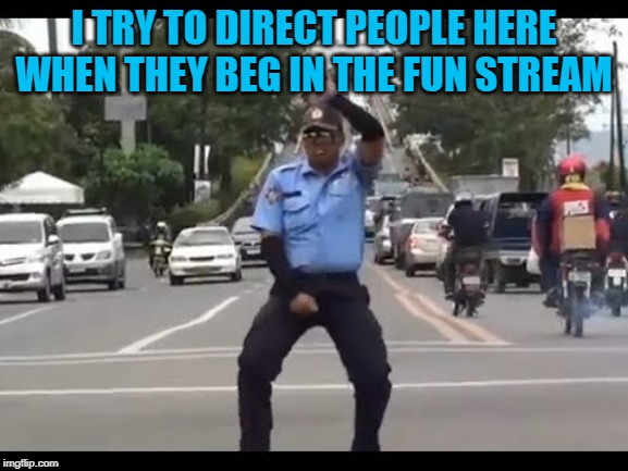 Traffic cop | I TRY TO DIRECT PEOPLE HERE WHEN THEY BEG IN THE FUN STREAM | image tagged in traffic cop | made w/ Imgflip meme maker