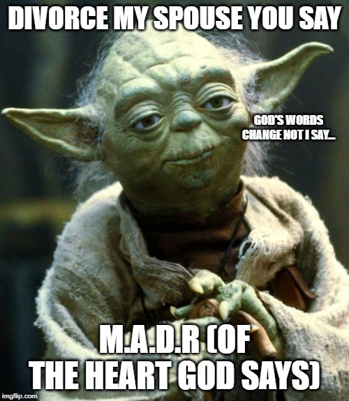 Star Wars Yoda | DIVORCE MY SPOUSE YOU SAY; GOD'S WORDS CHANGE NOT I SAY... M.A.D.R (OF THE HEART GOD SAYS) | image tagged in memes,star wars yoda | made w/ Imgflip meme maker