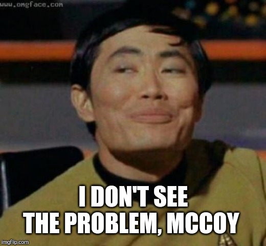 sulu | I DON'T SEE THE PROBLEM, MCCOY | image tagged in sulu | made w/ Imgflip meme maker