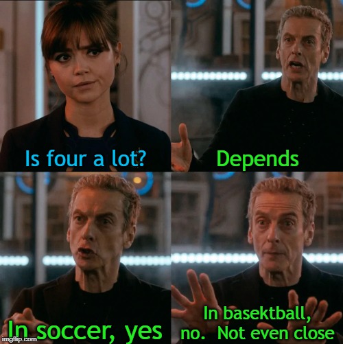 Is Four A Lot | Is four a lot? Depends; In basektball, no.  Not even close; In soccer, yes | image tagged in is four a lot | made w/ Imgflip meme maker