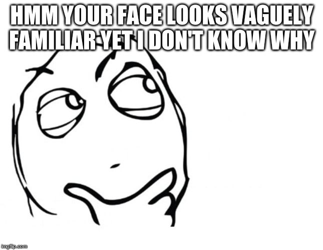 hmmm | HMM YOUR FACE LOOKS VAGUELY FAMILIAR YET I DON'T KNOW WHY | image tagged in hmmm | made w/ Imgflip meme maker