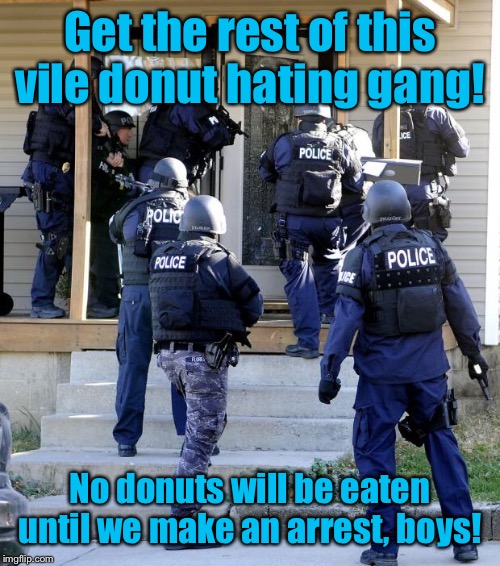 police raid | Get the rest of this vile donut hating gang! No donuts will be eaten until we make an arrest, boys! | image tagged in police raid | made w/ Imgflip meme maker