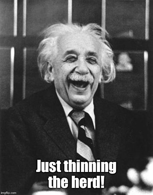Einstein laugh | Just thinning the herd! | image tagged in einstein laugh | made w/ Imgflip meme maker