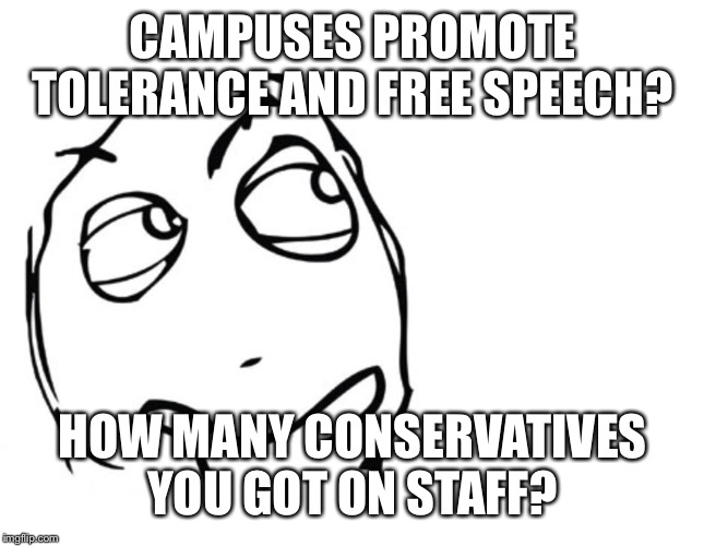 hmmm | CAMPUSES PROMOTE TOLERANCE AND FREE SPEECH? HOW MANY CONSERVATIVES YOU GOT ON STAFF? | image tagged in hmmm | made w/ Imgflip meme maker