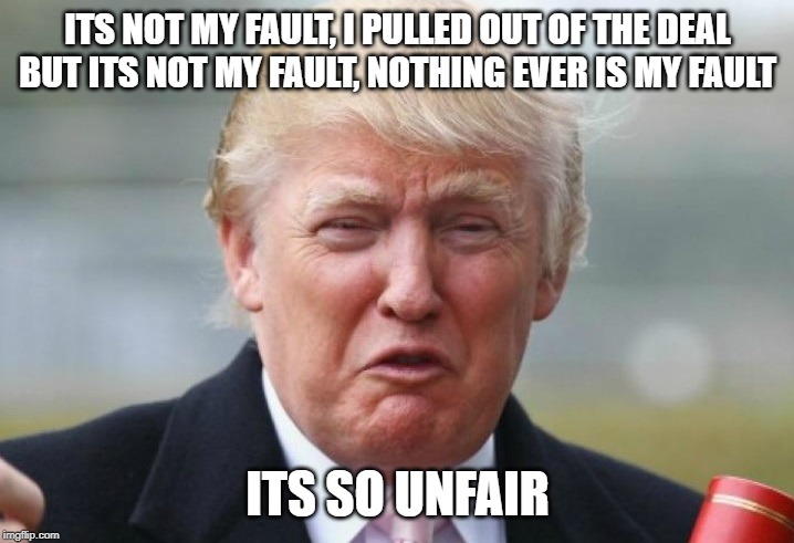 Trump Crybaby | ITS NOT MY FAULT, I PULLED OUT OF THE DEAL BUT ITS NOT MY FAULT, NOTHING EVER IS MY FAULT ITS SO UNFAIR | image tagged in trump crybaby | made w/ Imgflip meme maker