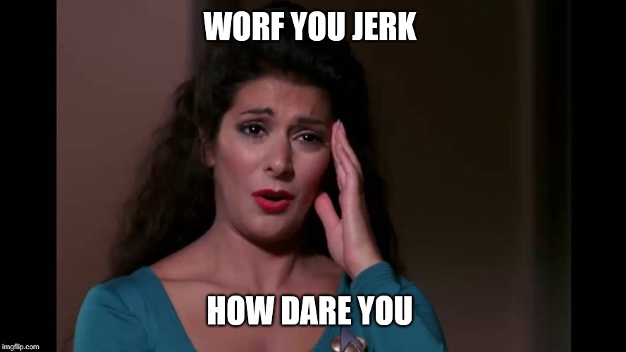 Counselor Troi Headache | WORF YOU JERK HOW DARE YOU | image tagged in counselor troi headache | made w/ Imgflip meme maker