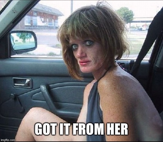 crack whore hooker | GOT IT FROM HER | image tagged in crack whore hooker | made w/ Imgflip meme maker