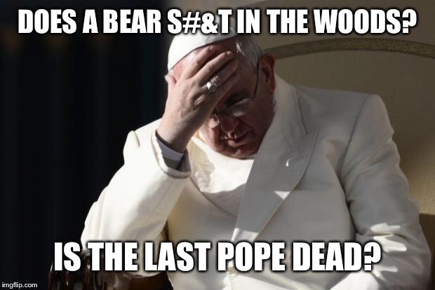 Pope Francis Facepalm | DOES A BEAR S#&T IN THE WOODS? IS THE LAST POPE DEAD? | image tagged in pope francis facepalm | made w/ Imgflip meme maker