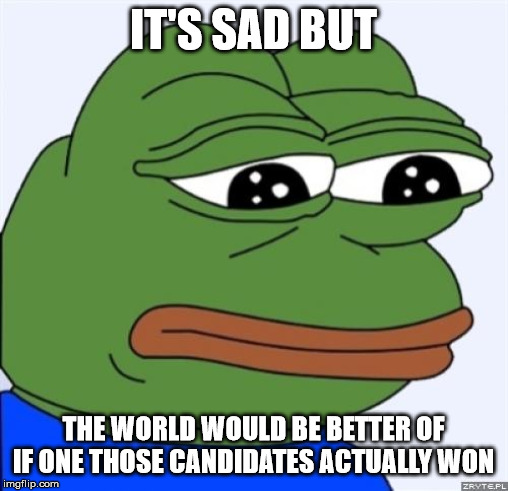sad frog | IT'S SAD BUT THE WORLD WOULD BE BETTER OF IF ONE THOSE CANDIDATES ACTUALLY WON | image tagged in sad frog | made w/ Imgflip meme maker