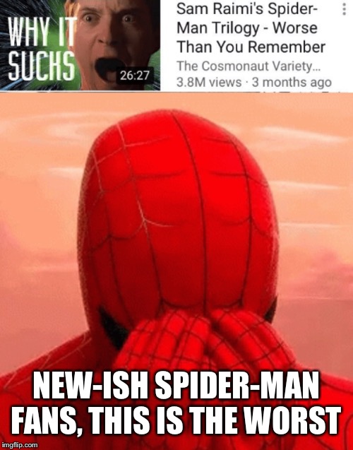 The modern state of the Spider-Man FanDom |  NEW-ISH SPIDER-MAN FANS, THIS IS THE WORST | image tagged in spider-man,memes,funny,funny memes,the cosmonaut variety hour,sam raimi | made w/ Imgflip meme maker
