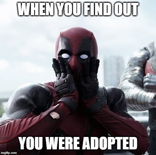 Adoption pet peeves | WHEN YOU FIND OUT; YOU WERE ADOPTED | image tagged in memes,deadpool surprised | made w/ Imgflip meme maker