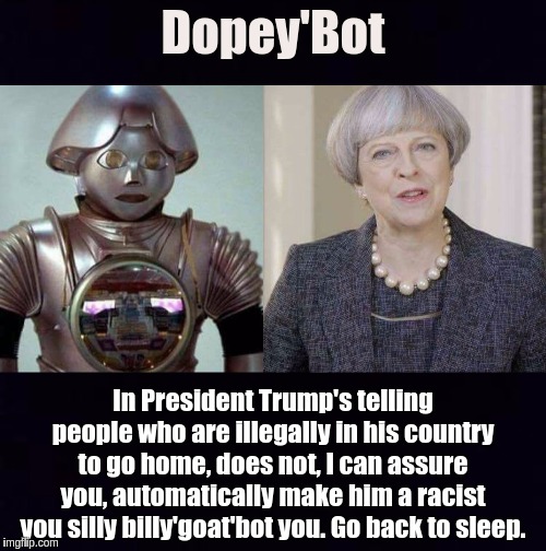 Dopey'Bot; In President Trump's telling people who are illegally in his country to go home, does not, I can assure you, automatically make him a racist you silly billy'goat'bot you. Go back to sleep. | image tagged in theresa may,uk,london,the great awakening | made w/ Imgflip meme maker