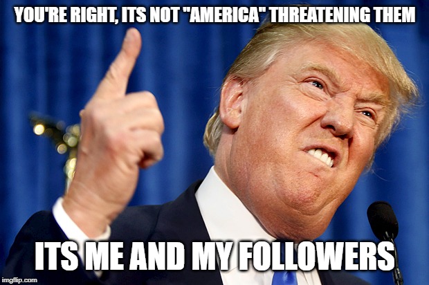 Donald Trump | YOU'RE RIGHT, ITS NOT "AMERICA" THREATENING THEM ITS ME AND MY FOLLOWERS | image tagged in donald trump | made w/ Imgflip meme maker