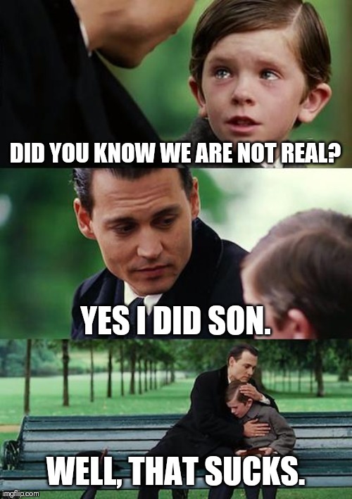 Finding Neverland | DID YOU KNOW WE ARE NOT REAL? YES I DID SON. WELL, THAT SUCKS. | image tagged in memes,finding neverland | made w/ Imgflip meme maker