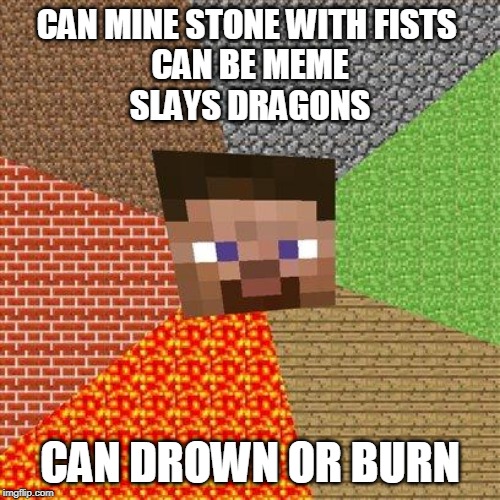 Minecraft Steve | CAN MINE STONE WITH FISTS 
CAN BE MEME
SLAYS DRAGONS; CAN DROWN OR BURN | image tagged in minecraft steve | made w/ Imgflip meme maker