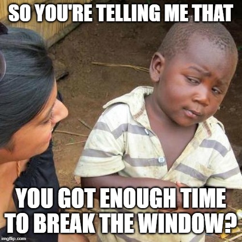 Third World Skeptical Kid Meme | SO YOU'RE TELLING ME THAT YOU GOT ENOUGH TIME TO BREAK THE WINDOW? | image tagged in memes,third world skeptical kid | made w/ Imgflip meme maker