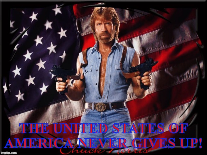 Chuck Norris US Flag | THE UNITED STATES OF AMERICA NEVER GIVES UP! | image tagged in chuck norris us flag | made w/ Imgflip meme maker