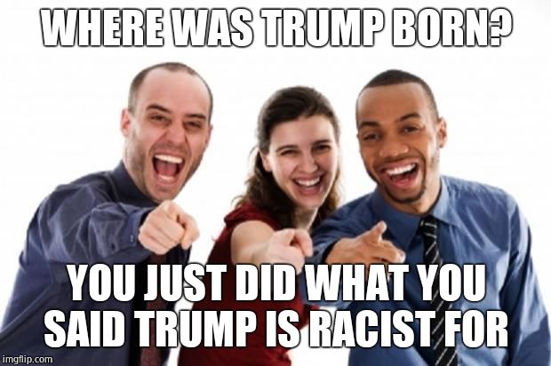finger pointing laughing | WHERE WAS TRUMP BORN? YOU JUST DID WHAT YOU SAID TRUMP IS RACIST FOR | image tagged in finger pointing laughing | made w/ Imgflip meme maker