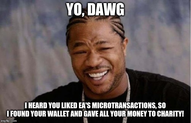 Yo Dawg Heard You | YO, DAWG; I HEARD YOU LIKED EA'S MICROTRANSACTIONS, SO I FOUND YOUR WALLET AND GAVE ALL YOUR MONEY TO CHARITY! | image tagged in memes,yo dawg heard you | made w/ Imgflip meme maker