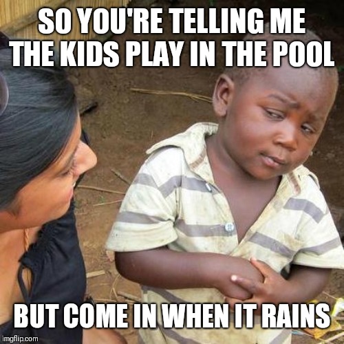 Third World Skeptical Kid Meme | SO YOU'RE TELLING ME THE KIDS PLAY IN THE POOL; BUT COME IN WHEN IT RAINS | image tagged in memes,third world skeptical kid | made w/ Imgflip meme maker