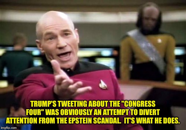 Trump is a dumbass like that. | TRUMP'S TWEETING ABOUT THE "CONGRESS FOUR" WAS OBVIOUSLY AN ATTEMPT TO DIVERT ATTENTION FROM THE EPSTEIN SCANDAL.  IT'S WHAT HE DOES. | image tagged in memes,picard wtf | made w/ Imgflip meme maker