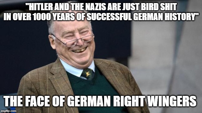 Gauland, spiting on the lessons of the World War since 2014 | "HITLER AND THE NAZIS ARE JUST BIRD SHIT IN OVER 1000 YEARS OF SUCCESSFUL GERMAN HISTORY"; THE FACE OF GERMAN RIGHT WINGERS | image tagged in germany,moron,gauland,politicstoo | made w/ Imgflip meme maker