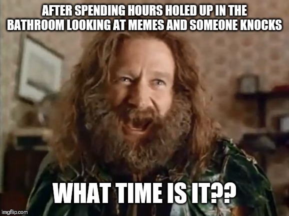 What Year Is It Meme | AFTER SPENDING HOURS HOLED UP IN THE BATHROOM LOOKING AT MEMES AND SOMEONE KNOCKS; WHAT TIME IS IT?? | image tagged in memes,what year is it | made w/ Imgflip meme maker