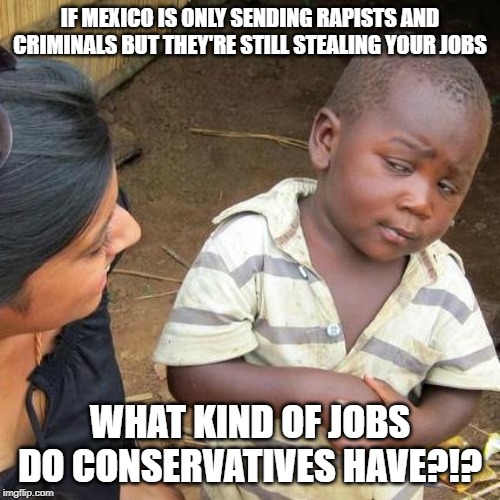 I don't think they've worked this out yet | IF MEXICO IS ONLY SENDING RAPISTS AND CRIMINALS BUT THEY'RE STILL STEALING YOUR JOBS; WHAT KIND OF JOBS DO CONSERVATIVES HAVE?!? | image tagged in memes,third world skeptical kid,conservative hypocrisy,conservative logic,immigration | made w/ Imgflip meme maker